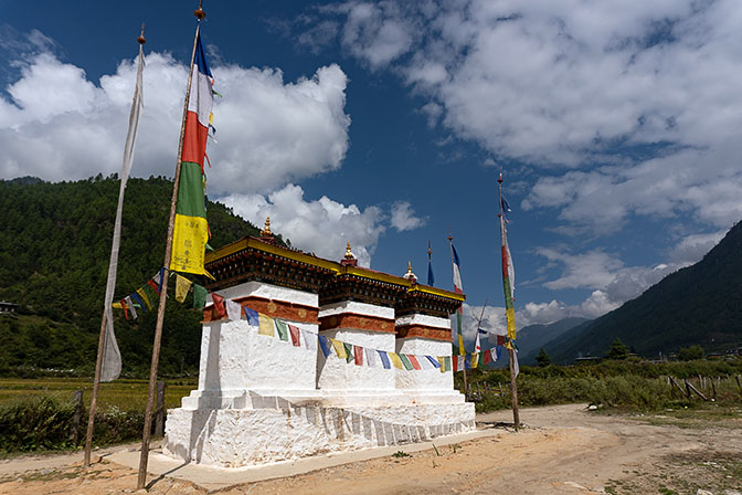 Bhutanese style stupas alongside the road in Paro River Valley, 2018