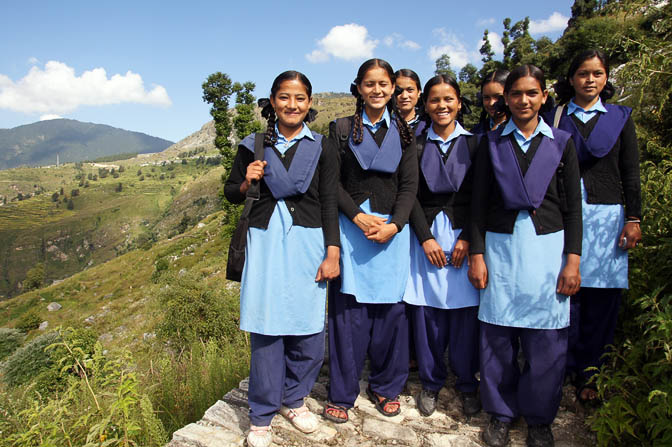 Girls in school uniform on their way to school in Ala, Roopkund trek 2011
