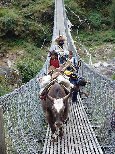 Crossing the suspension bridge over Dudh Koshi, in Phakding, 2004
