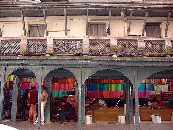 Colorful material stores, in the Ekha Pokhar market, 2004