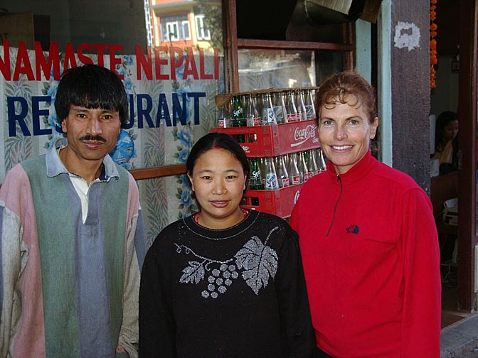 Dilip, Sharmila and I, in front of their Namaste restaurant, in an alley from Tridevi Marg, 2004
