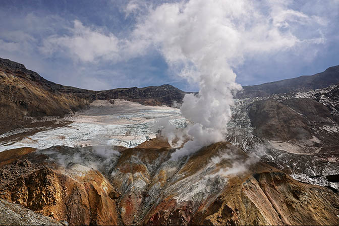 Ice and steam jets in the multi-colored caldera of Mutnovski active volcano, 2016