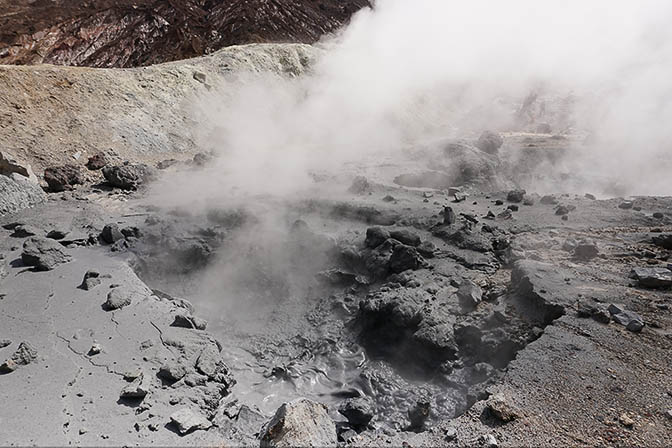 Bubbling and steaming mud pool in the caldera of Mutnovsky active volcano, 2016