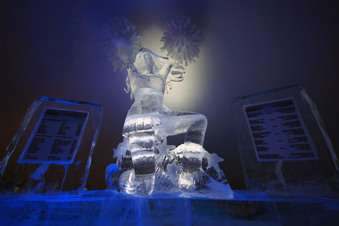 Ice-carving of cheerleader in the ice bar of the LumiLinna Snow Castle of Kemi, by the Gulf of Bothnia, Finland 2012