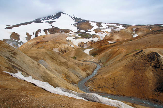 White ice, dark tuff and bright tuff stones color Kerlingarfjoll mountains, 2012