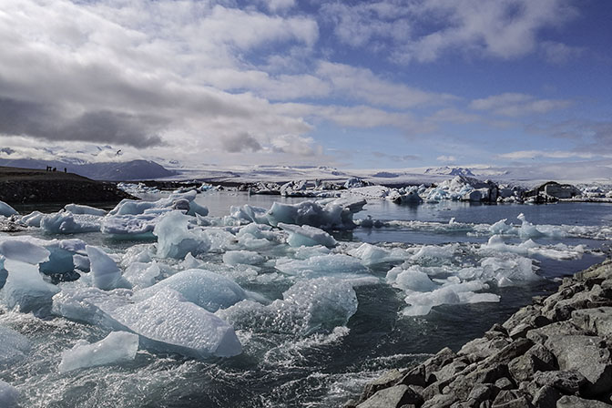 Pieces of ice float in Jokulsarlon glacial lagoon, 2017