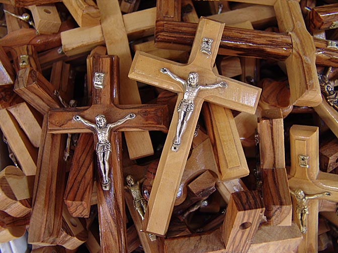 Christian crosses made from olive tree, in a market stand in Christian street, The Old City 2006