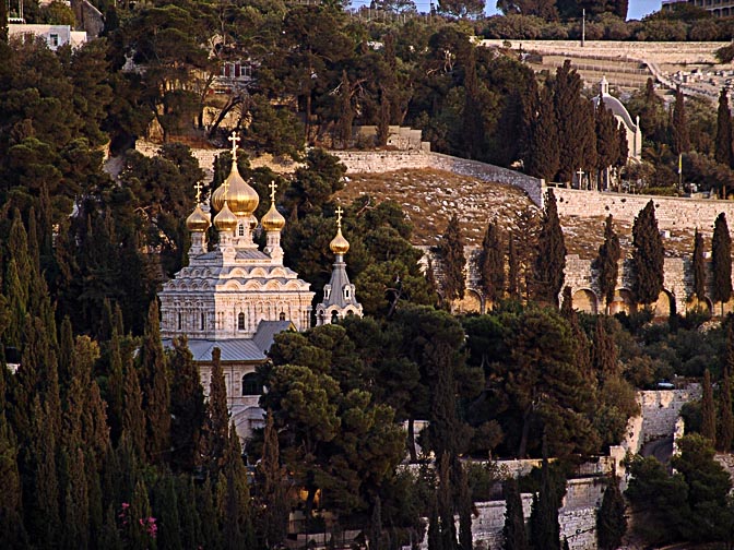The golden onion domes of The church of Saint Mary Magdalene, reflecting the setting sun, Mount of Olives, 2006