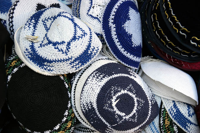 Jewish Yarmulkes (Yamaka) on a stand in The Via Dolorosa street, The Old City 2010