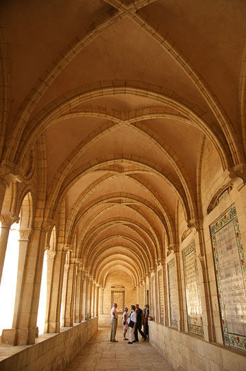 The cloister at the Church of the Pater Noster, decorated with plaques of the Lord's Prayer in different languages, Mount of Olives 2009