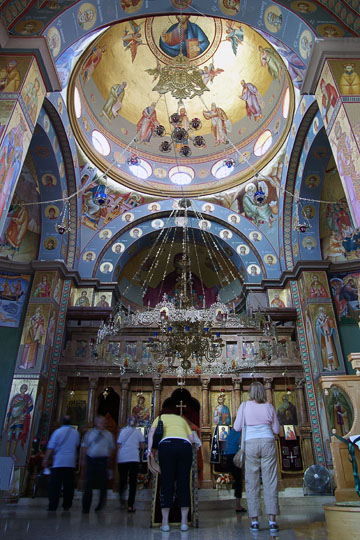 Visitors inside The Greek Orthodox Church of the Seven Apostles in Capernaum, The Gospel Trail, The Sea of Galilee 2011