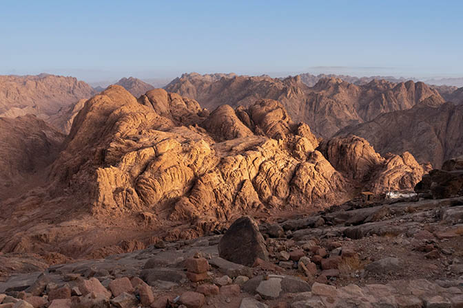 The sun rises on Gebel (Mount) Safsapa at dawn, view from Gebel Musa (maybe Biblical Mt. Sinai), 2,285 meters ASL, 2021