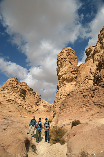 Ofer, Aviv and Leonid in the sandstone canyon of Wadi er Raqiya, 2011