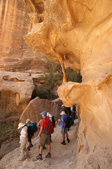 Trekkers at the southern exit from Siq El Barid (Little Petra), 2009
