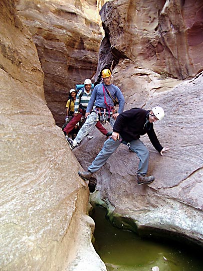 Crossing a water hole on the descent from Jabel Rum, 2005