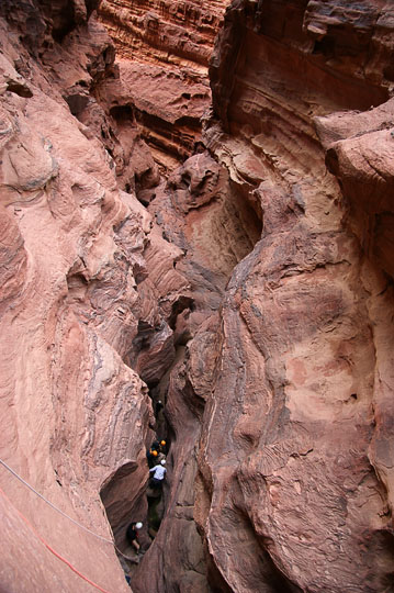 Preparing the rappelling (abseiling) stations at the bottom of the gorge of Jabel Khazali, 2009