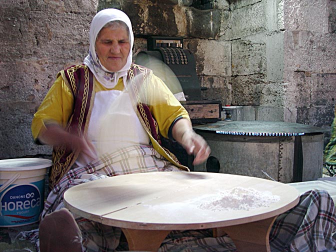 A Turkish woman is preparing Gozleme at Cafe Meshale, 2003