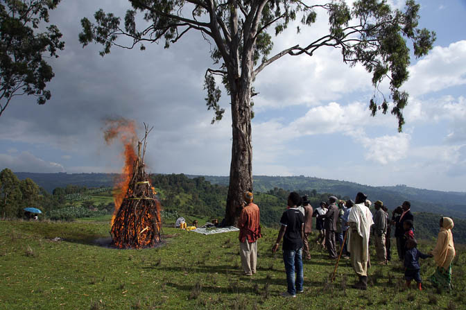 The burning of the Meskel large bonfire (Demera) on top of Mount Tabor, 2012