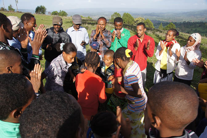 Young people singing and dancing in the Meskel celebration on top of Mount Tabor, 2012