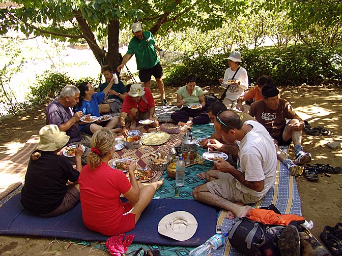 Our group is having lunch in the shade of walnut trees, nearby Agadir-n-Ait Boulmane, 2007