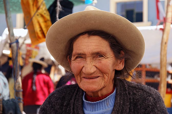 A Chola (local woman) with a hat in the local market, Huaraz 2008
