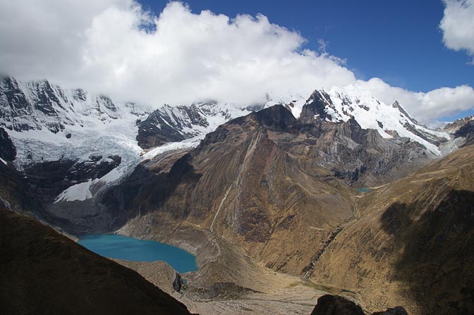 Mount Jirishanca and Glacier TAM behind the turquoise water of Lake Solteracocha, Mina Punta Viewpoint 2008