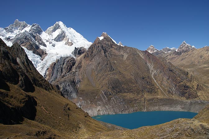 Mount Jirishanca and Glacier Yerupaja West behind the amazing turquoise Lake Solteracocha, Sambuya Punta 2008