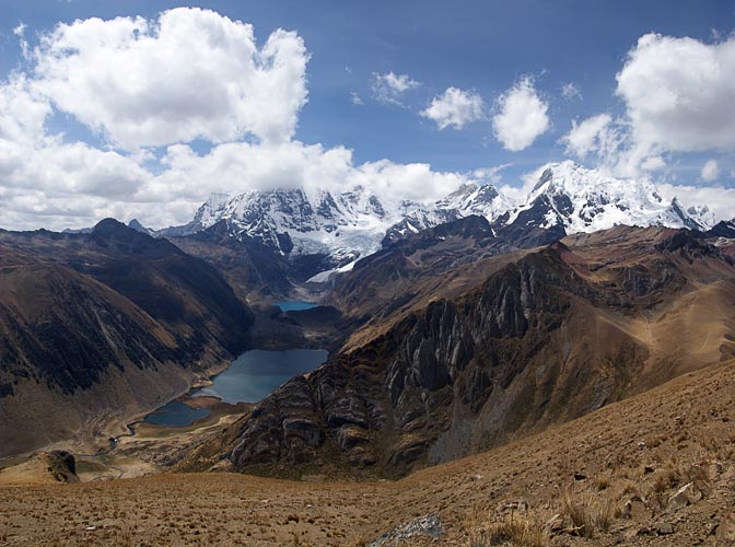 Lake Jahuacocha and Lake Solteracocha, with the Rondoy, Jirishanca and Yerupaja mountains, Mount Huacrish 2008