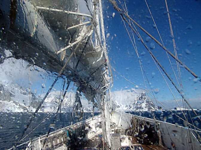 An Antarctic view through drops, approaching Lemaire Channel, 2004