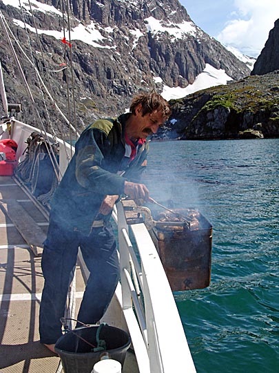 Jerome barbequeing in Larsen Harbour, 2004