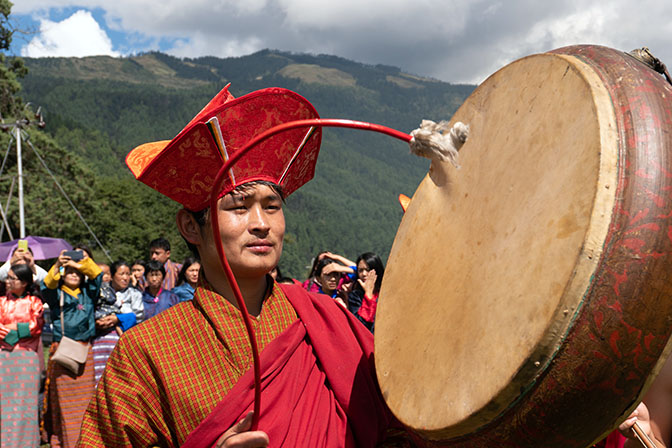 Drum player at Thangbi Mani Cheopa/Festival in Chhoekhor Gewog, Bumthang 2018