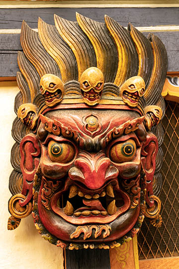 Monastic dance mask with a crown of skulls, representing a Guru Rinpoche manifestation, Chumey village, 2018