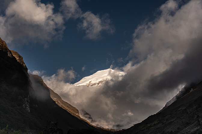 The Jomolhari peak emerges in the morning, from the Jomolhari base camp at Jangothang, October 2018