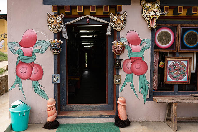 Drukpa Kunley's ''Flaming Thunderbolt of Wisdom'' painted as a good luck symbol at Chimi Lhakhang Village, 2018