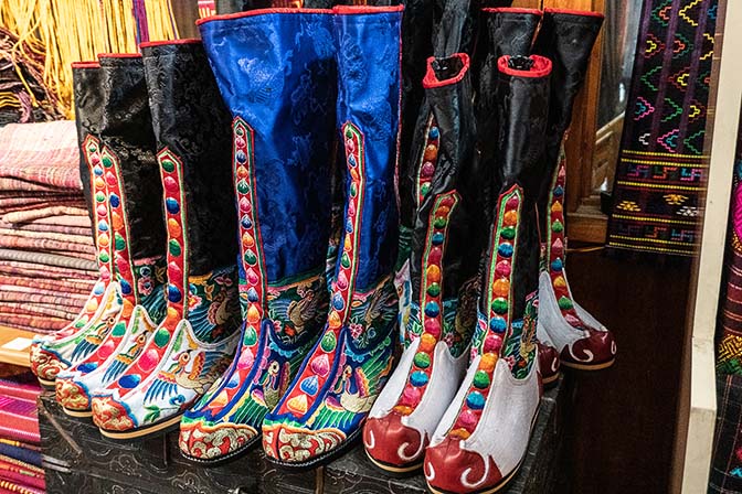 Traditional Bhutanese boots in a souvenir shop, Thimphu 2018