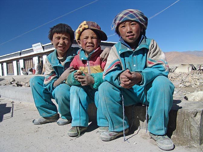 Tibetans kids in school uniform in Old Tingri, 2004
