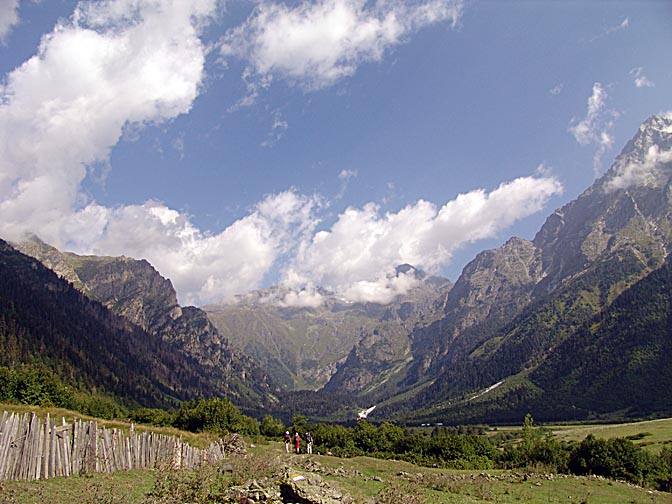 Giorgi, Yishai and Shumo on the way to the waterfall at the foot of Mount Mazeri, Upper Svaneti 2007