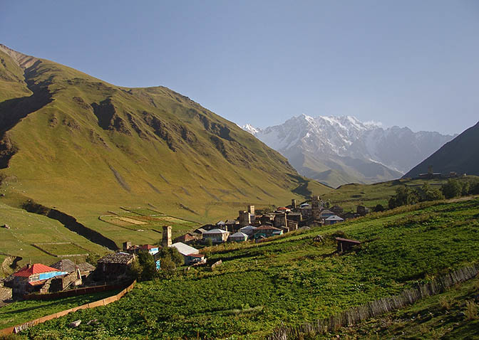 Ushguli village Zhibiani with Mount Shkhara in the background, Upper Svaneti 2007
