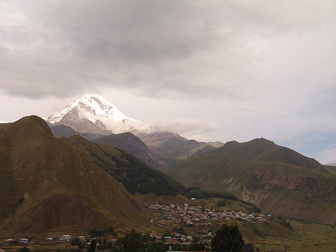 Stepantsminda (Kazbegi) town nestled in the Caucasus Mountains, 2007