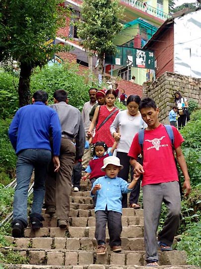 Going down the stairs to Yongling school in McLeod Ganj, 2004