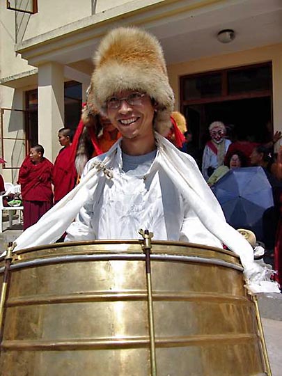 A drummer, at the Karmapa birthday celebration, at Gyuto Monastery, Sidmbari, 2004