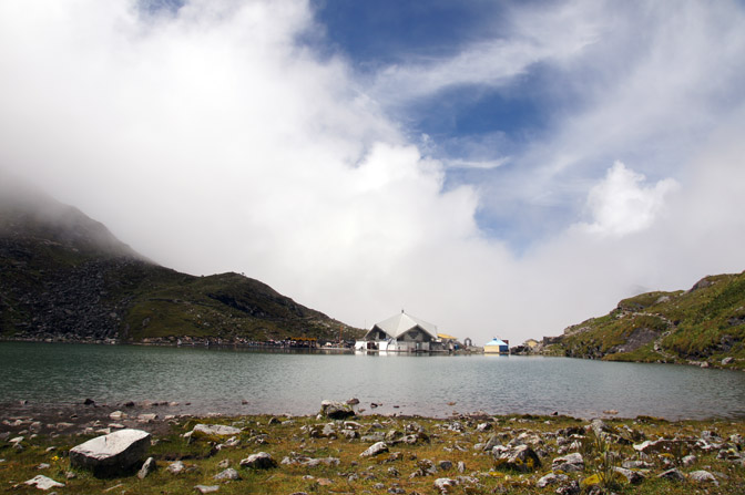 Sikh temple (Gurdwara, left) and Hindu temple (Mandir) at the sacred lake Hemkund, Garhwal Himalayas 2011