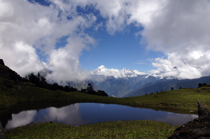 A reflection of the Dunagiri summit in lake Tali Tal, Kuari Pass trek 2011