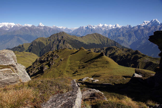 A panorama of the snowy Himalayan summits from Gilgar Top, Kuari Pass trek 2011