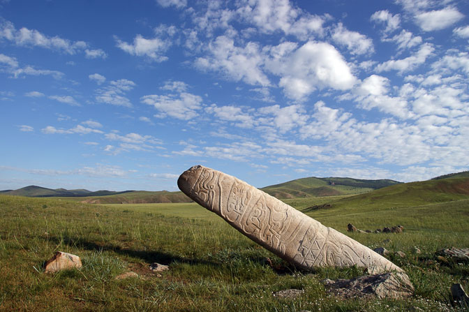 A Deer Stone (Bugan Chuluu) marks a Neolithic grave site close to Tovkhon Sum, Central Mongolia 2010