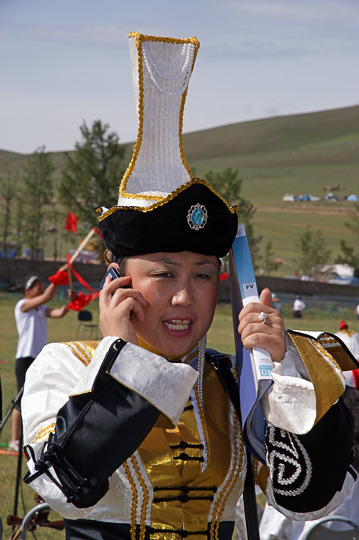 The head of the ceremony makes final arrangements towards the festival opening event, Tsetserleg 2010