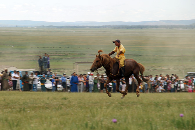 A horse reaching the racing finish line, Tsetserleg 2010