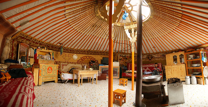 The interior of a family Ger (Mongolian home tent) in Orkhon Valley, Central Mongolia 2010