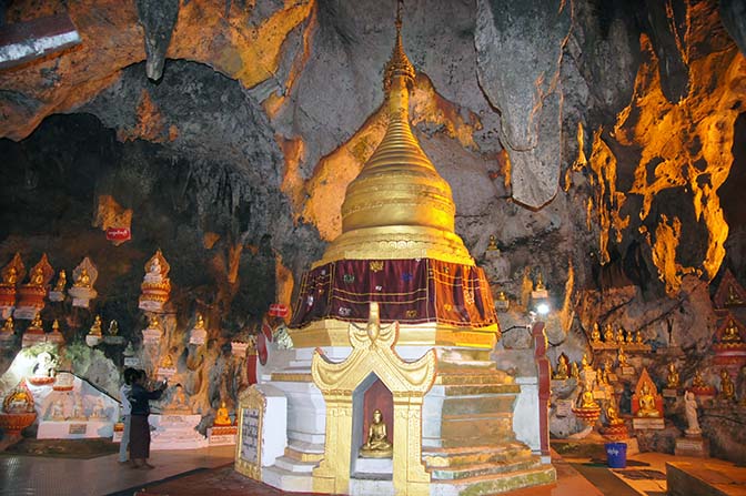 Golden Buddha images and stupa inside the Shwe Oo Min Natural Cave Pagoda, Pindaya Caves 2015