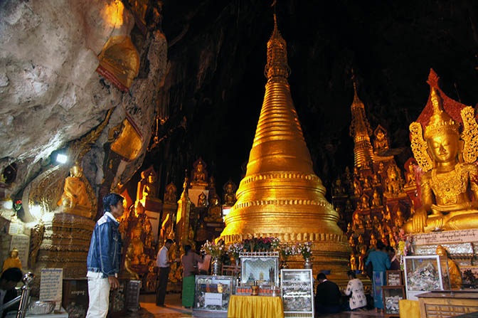 Stupa and golden Buddha images inside the Shwe Oo Min Natural Cave Pagoda, Pindaya Caves 2015